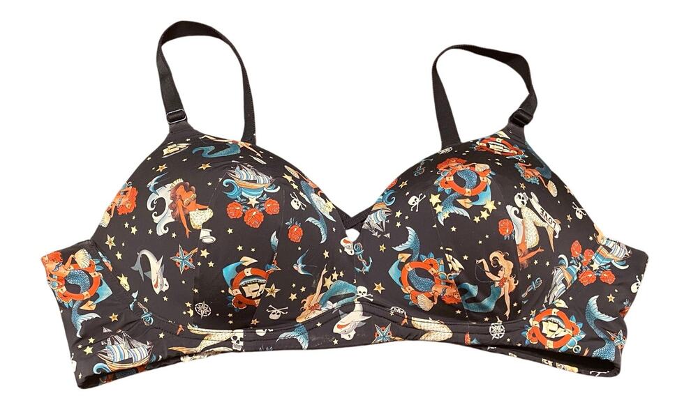 Torrid Curve 44C Mermaid Tattoo Bra Wire Free Push Up Nautical Pinup Rockabilly